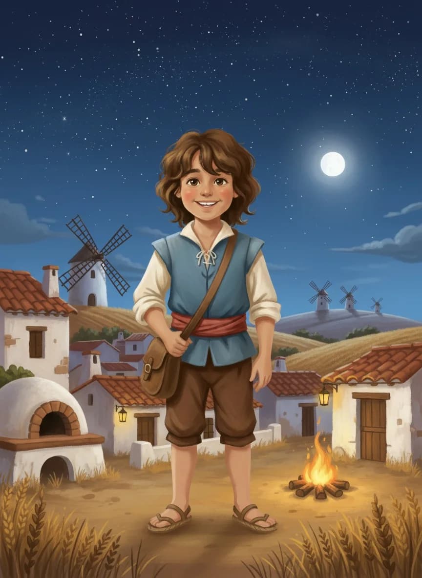 Portada del cuento de Río: Río, escudero de Don Quijote, de noche en un pueblo de la Mancha con molinos